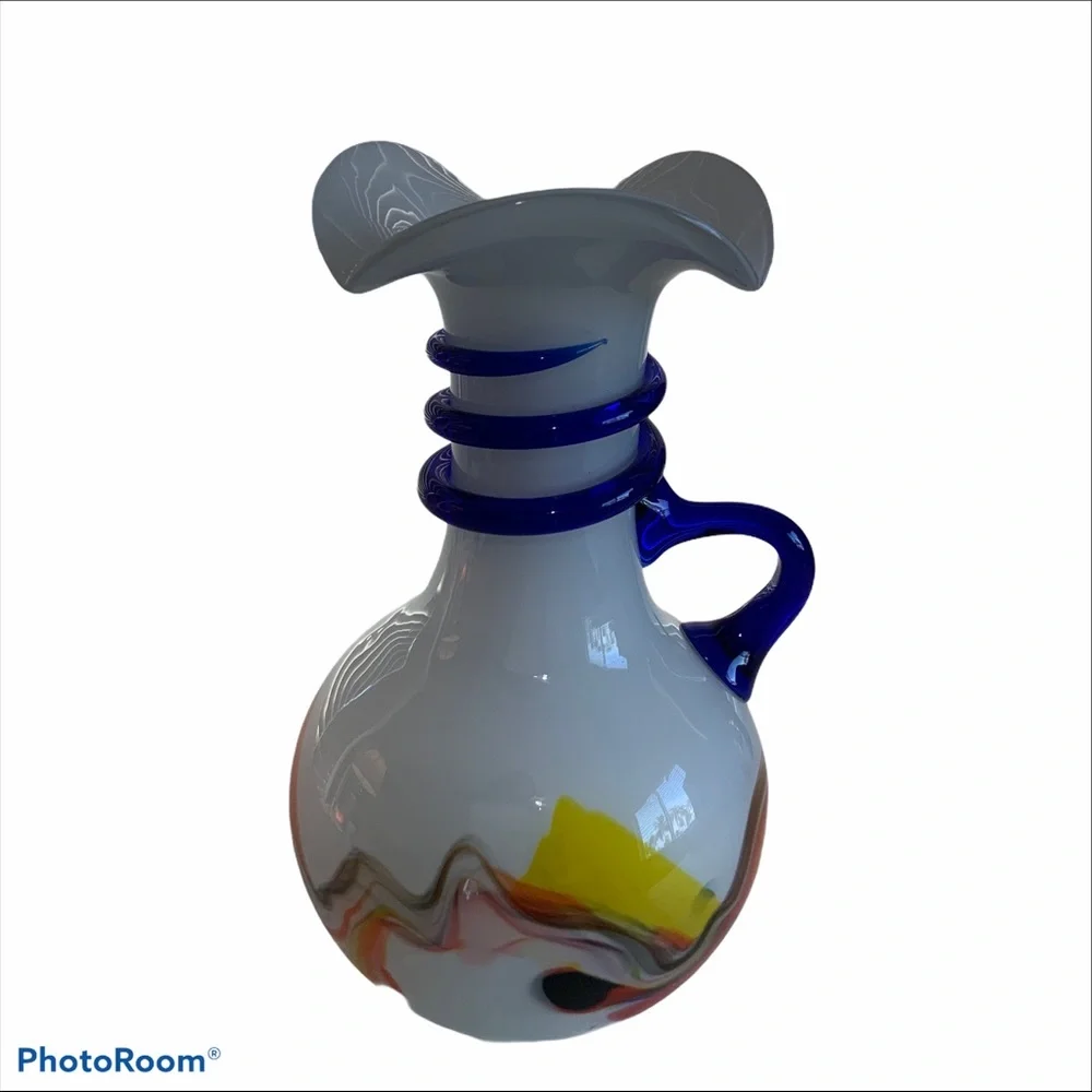 Art Glass Vase White With Colbalt Blue Handle blown glass